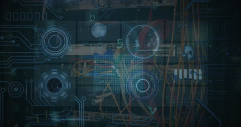 Digital Interface Overlays Data on Server Room Background