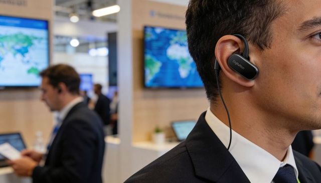Businessman wearing wired earpiece at tech expo, suit and tie, corporate networking