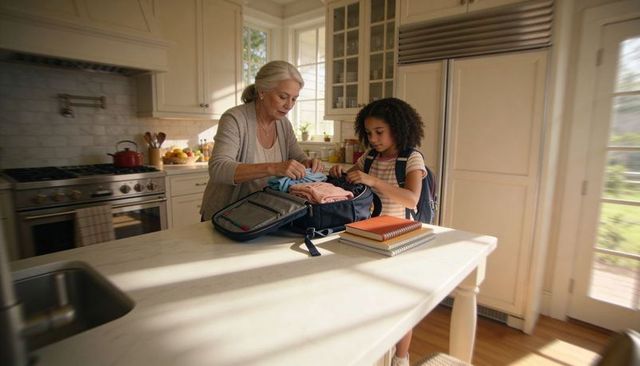 Grandmother packing backpack with granddaughter at sunlit kitchen island for school day