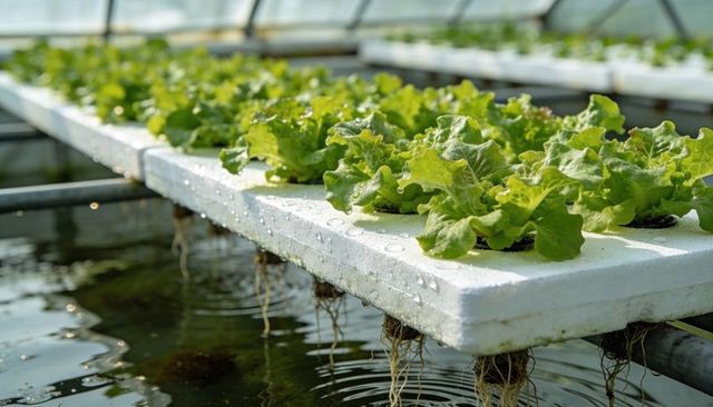 Hydroponic lettuce growing on floating foam rafts in greenhouse with visible roots