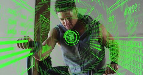 Futuristic fitness training with holographic hud overlay, pedaling on stationary bike