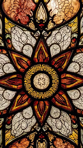 Vertical Pan Tilting Down Over Backlit Stained Glass Skylight Centering Rosette