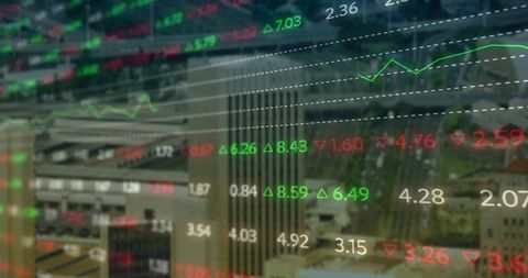 Composite Stock Market Display on Cityscape