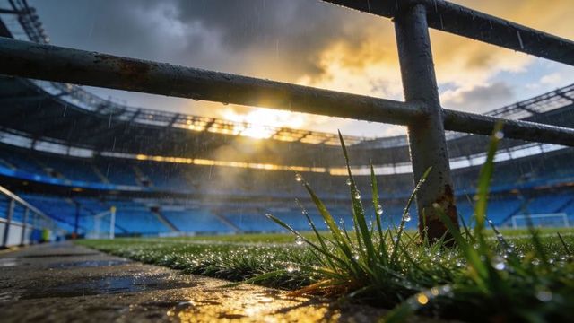 Rain-kissed stadium turf at sunset with rusted railing and glowing water droplets