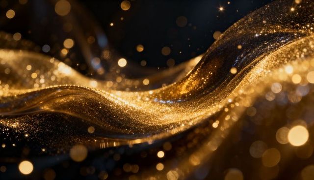 Liquid gold glitter flowing in elegant wave with luminous bokeh orbs