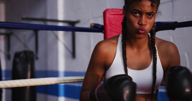 Female boxer with braided hair seated on boxing ring corner. Wearing white sports bra and boxing gloves. Focused and determined expression. Ideal for content related to sports, fitness, women's empowerment, perseverance in athletics, and combat sports training promotion.