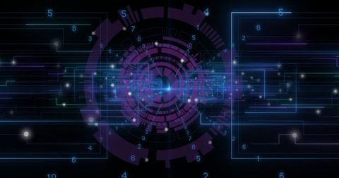 Futuristic digital interface with holographic circuit patterns