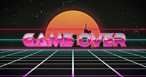 Retro Futuristic Game Over Screen with Digital Cityscape