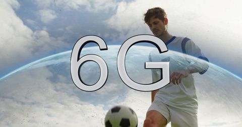 Futuristic Athlete Kicking Soccer Ball with 6G Concept