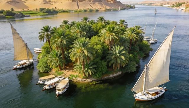Lush palm islet with traditional feluccas sailing around calm river channel, golden light