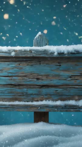 Drifting snowflakes coating rustic wooden signpost in serene winter vertical video