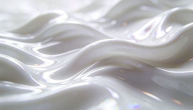 Forming glossy white cream waves reflecting iridescent highlights closeup macro texture