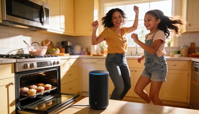 Mother and daughter dancing in sunlit kitchen while baking cupcakes with smart speaker