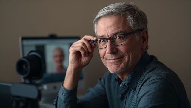Senior man adjusting glasses during home office video call with webcam and monitor