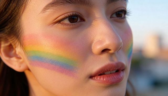Asian woman with rainbow face paint on cheeks during golden hour urban closeup portrait