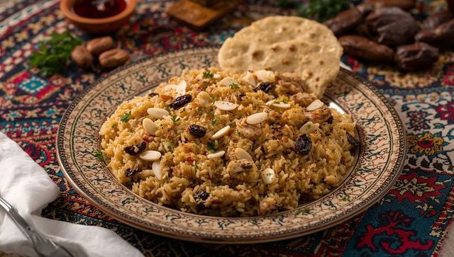 Ornate ceramic platter serving almond raisin rice pilaf with flatbread on patterned textile