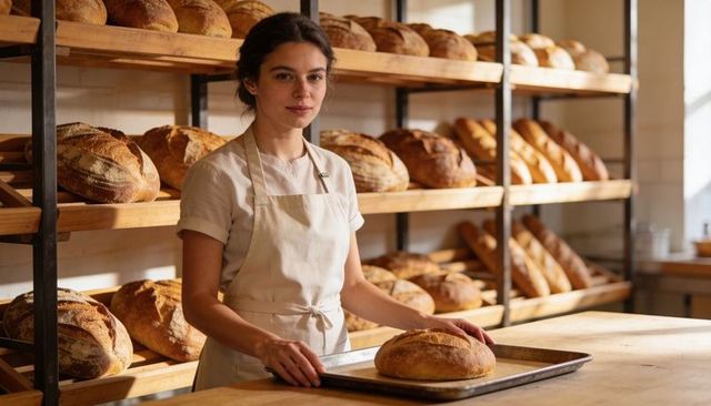 Woman Baker Placing Fresh Loaf on Tray in Rustic Artisan Bakery with Sunlit Bread Shelves