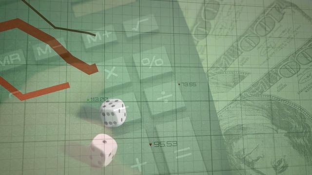 Video depicting intersection of financial data processing and gambling visual elements, including dice and overlay on banknotes, and calculator keys. This concept illustrates the risks and unpredictability in business finance and investments. Suitable for use in articles, blogs, or presentations about financial analysis, investment strategies, economic trends, and risk management. Ideal for websites focusing on finance, banking, investments, or educational material on financial markets.