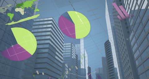 Animated Graphs and Data Over Futuristic Cityscape