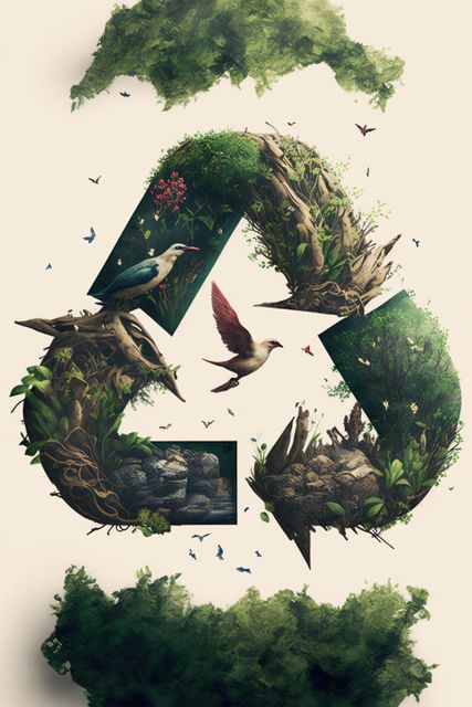 Recycling symbol with flowers, leaves, roots and birds, created using generative ai technology. Recycling and ecology concept digitally generated image.