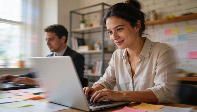 Young woman typing on laptop in modern bright office with sticky notes and colleagues