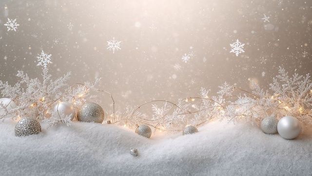 Glowing silver baubles resting on snowy tabletop with warm lights and frosted branches