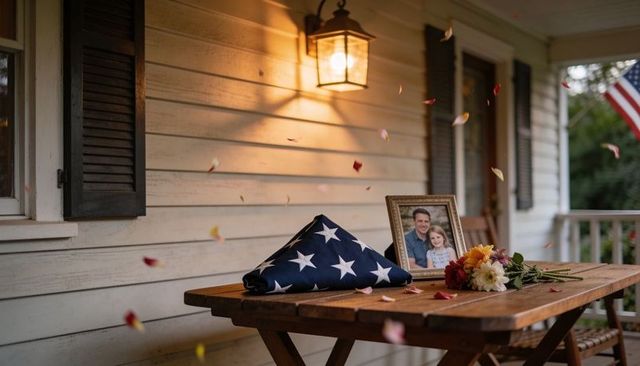 Folded american flag and family portrait on porch at dusk with memorial flowers