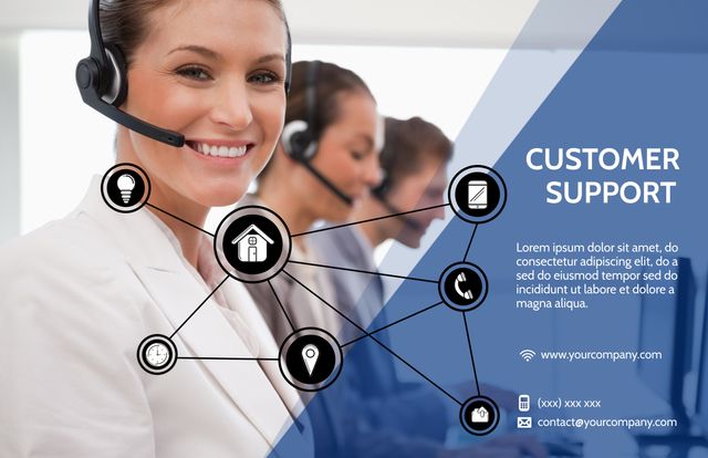 Smiling Customer Support Representative with Headset and Teamwork Icons - Download Free Stock Templates Pikwizard.com