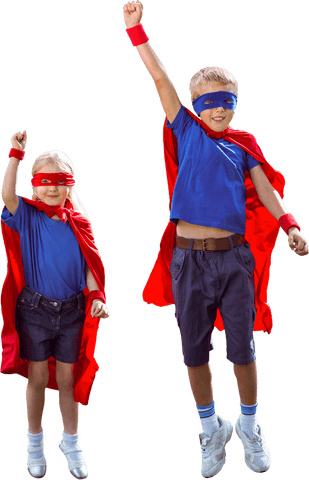 Children pretending to be superheroes with capes and masks