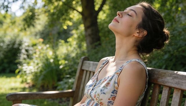 Relaxing woman on wooden bench soaking sunlight in lush garden, peaceful summer moment