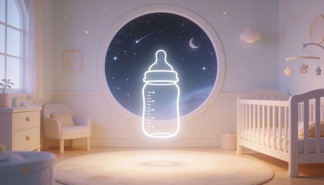 Neon floating baby bottle in dreamy moonlit nursery with starry porthole and cozy pastel glow