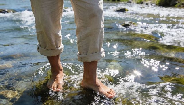 Wading Bare Feet on Sunlit River Rocks with Rolled Linen Pants