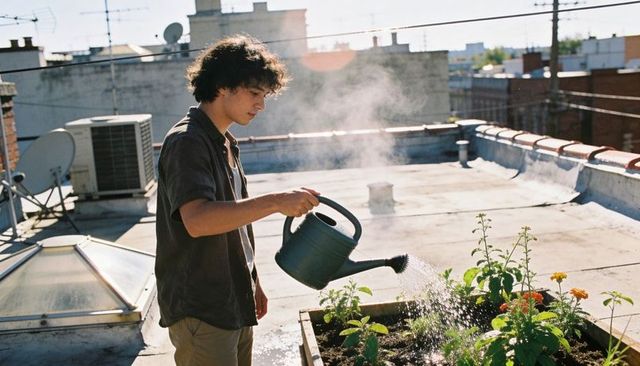 Young man watering rooftop garden at golden hour, urban terrace plants and skyline