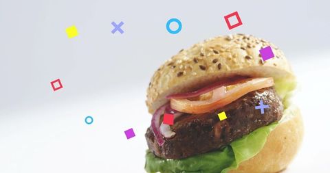 Gourmet Sesame Burger Featuring Tomato, Red Onion and Lettuce on Minimal White