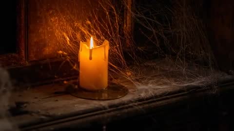 Flickering Candlelight on Cobwebbed Window Sill Evoking Nostalgia