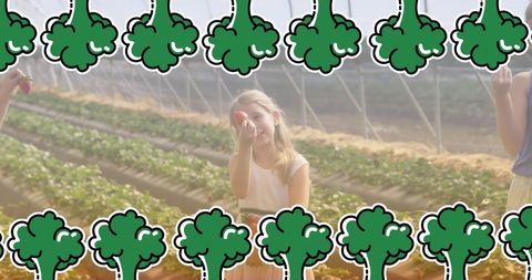 Young Girls Gardening with Digital Broccoli Illustration Overlay