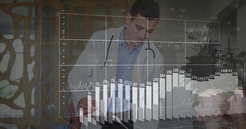 Doctor Analyzing ECG with Digital Data Overlay in Clinic