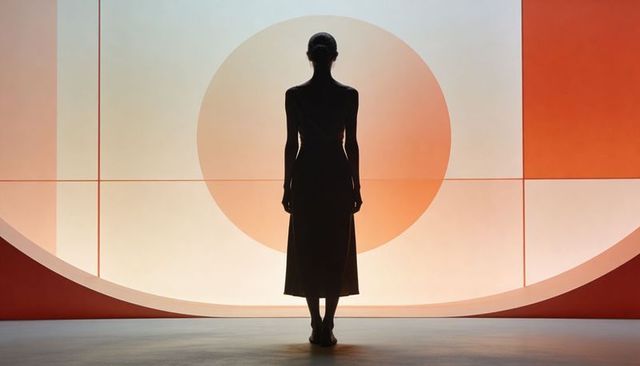 Silhouette woman standing in front of lit circular panel geometric backlit scene