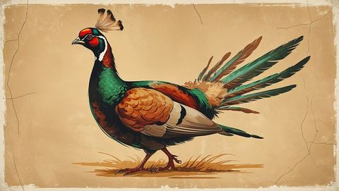 Elegant male pheasant animal on parchment background with vintage botanical style