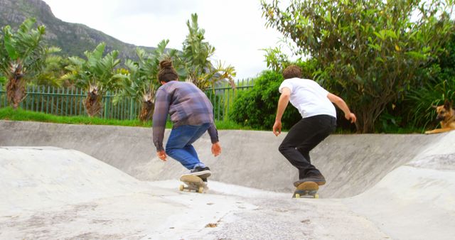 Two young individuals are skateboarding at a skate park, with copy space - Download Free Stock Photos Pikwizard.com