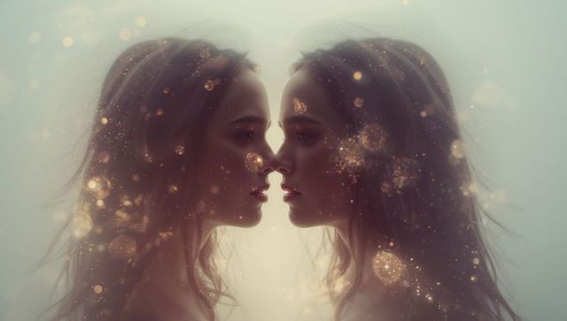 Mirroring female profiles meeting nose-to-nose with golden bokeh and pastel backlight