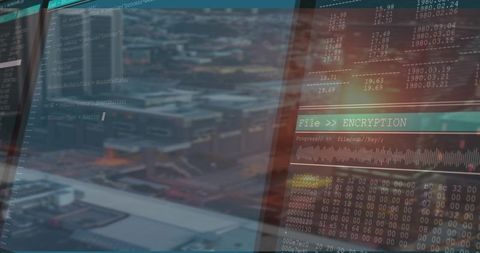 Holographic Encryption Panels Over Urban Control Room Showing Hex Dump and Terminal Code