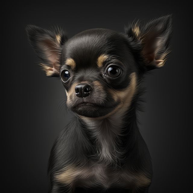 Close-up portrait of a cute black and tan Chihuahua puppy with a dark background. Ideal for pet magazines, animal care websites, or promotional material for pet products. The puppy's expressive eyes and detailed fur can be used for social media posts, calendars, or pet adoption campaigns.