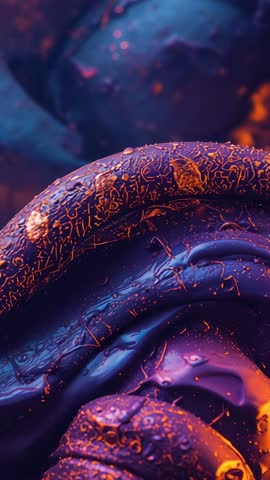 Macro Vertical Video Showing Iridescent Spiral Coil with Neon Orange Veins and Droplets