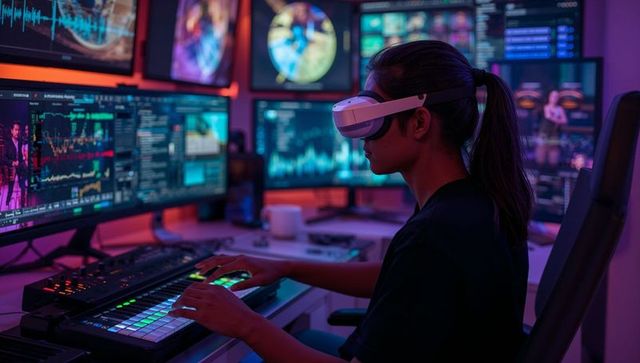 Asian music producer wearing vr headset mixing electronic tracks on midi controller in neon studio