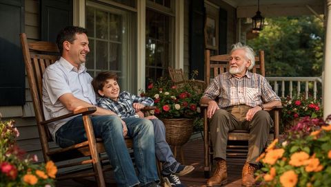Three-generation family laughing and chatting on front porch rocking chairs with flowers