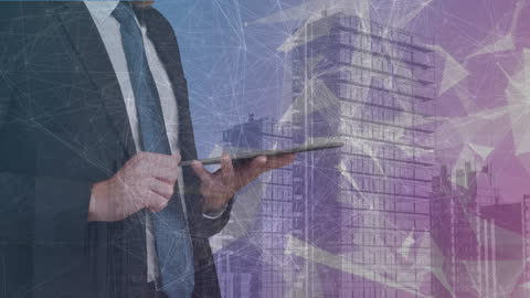 Businessman Using Tablet with Digital Network and Buildings