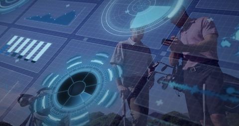 Golfers analyzing data with holographic display on fairway