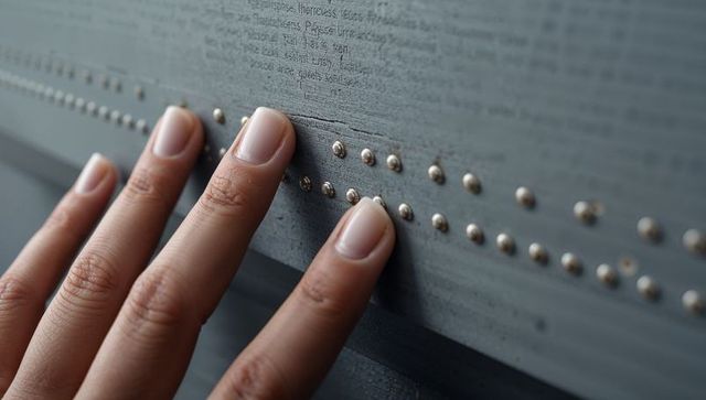 Female hand tracing tactile memorial panel with engraved names and metal studs