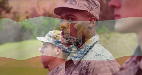 Military Personnel Standing in Formation with Flag Overlay, Emblem, Camouflage Uniforms